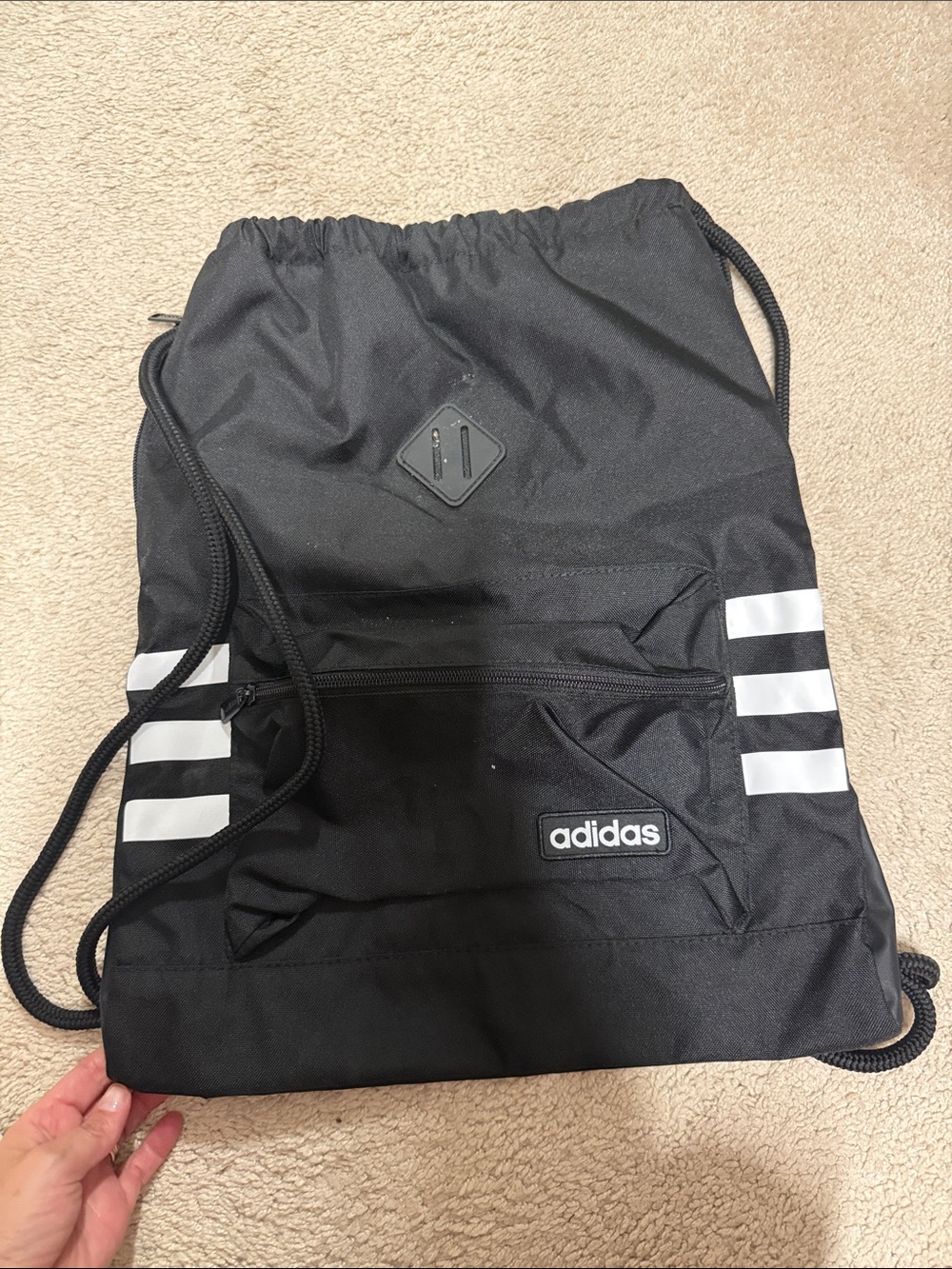 adidas Black Drawstring Backpack with White Stripe Accents